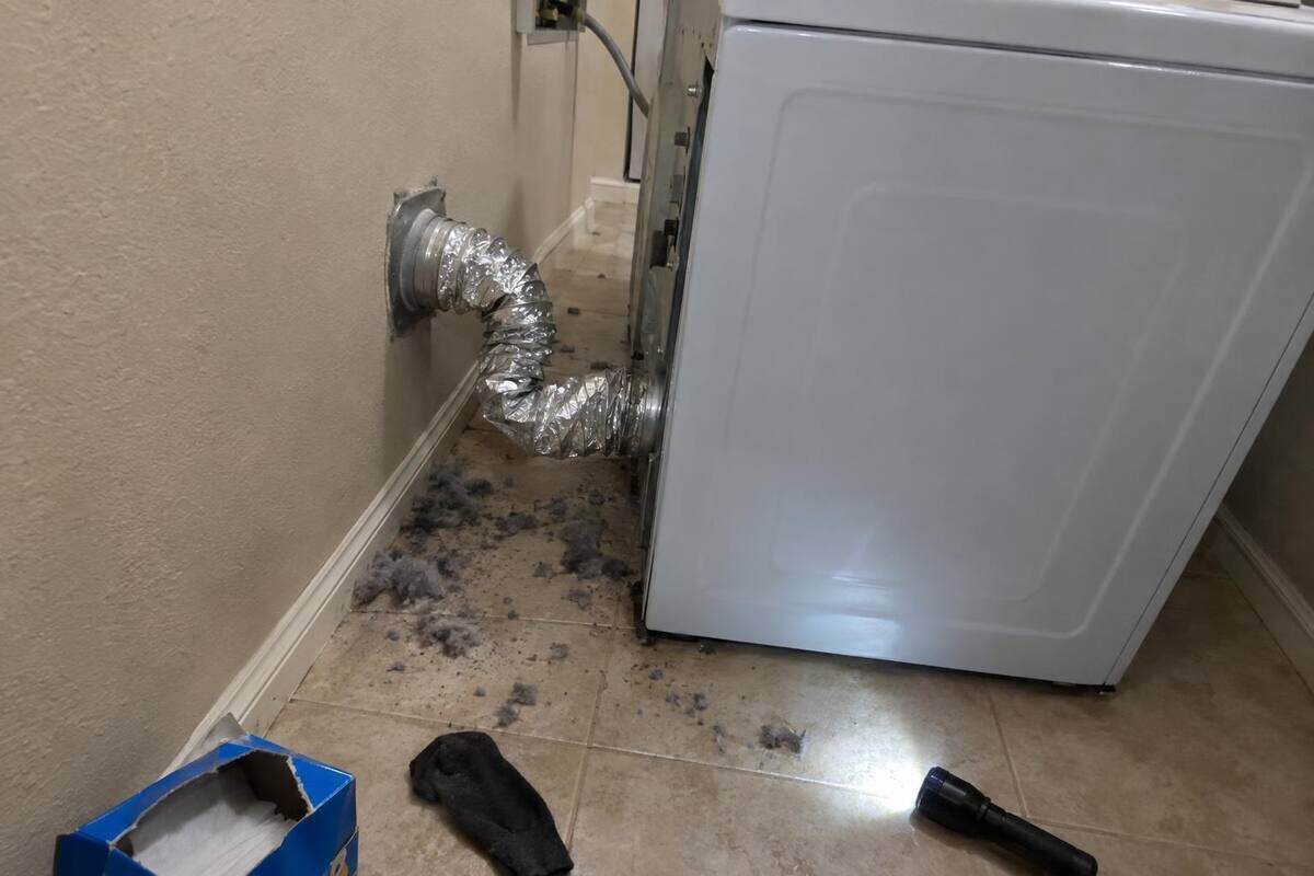 A dryer pulled from the wall with its foil transition duct crushed flat and lint on the tile floor