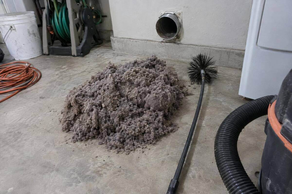 A heap of gray dryer lint on a garage floor below a round wall duct opening, with a rod brush and vacuum hose beside it