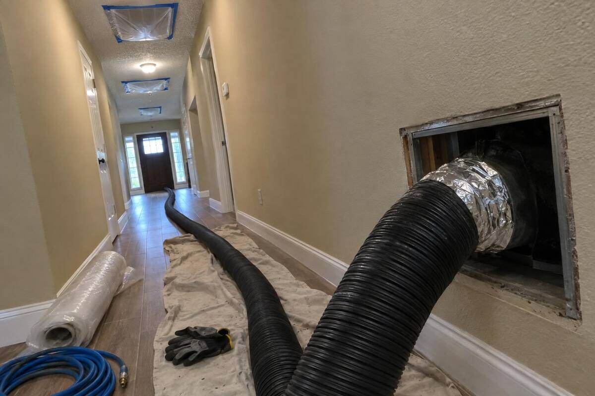Wide black vacuum hose foil-taped into an open wall return in a hallway, with the ceiling registers covered in plastic and a drop cloth on the floor